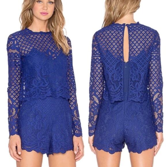 SAYLOR Natalie Lace Overlay Romper Size Small Royal Blue Long Sleeve Revolve - Picture 1 of 11